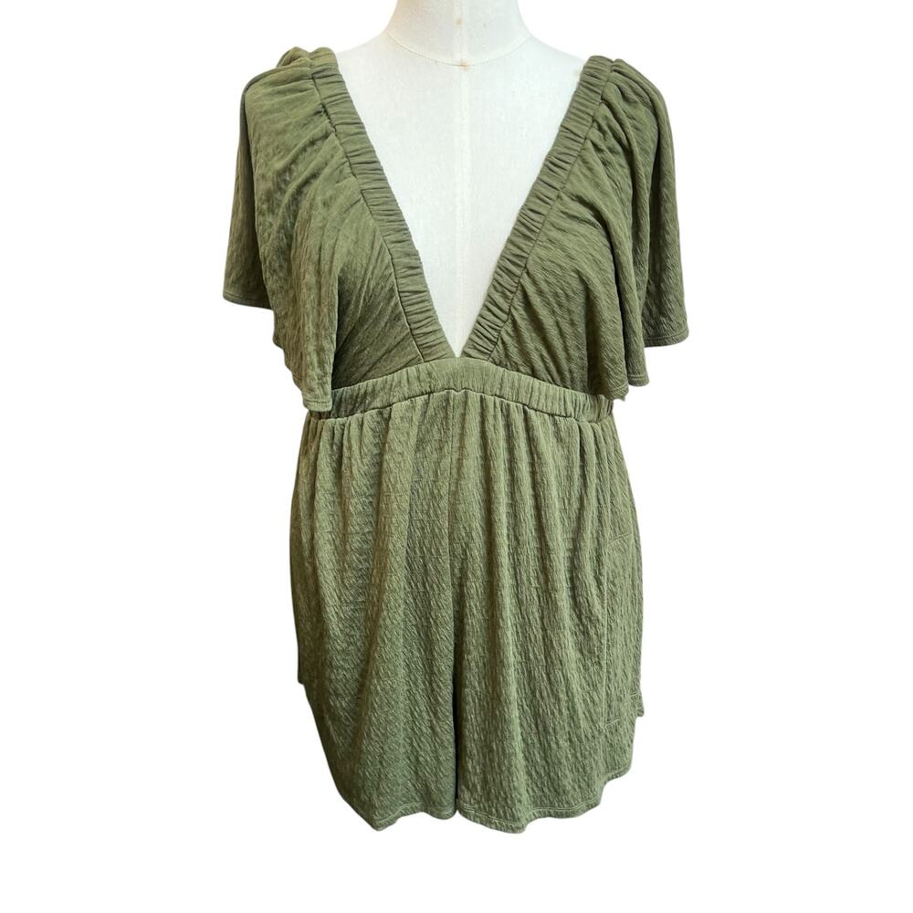 Free People Beach Olive Green Deep V-Neck Flutter Sleeve Romper Size XL